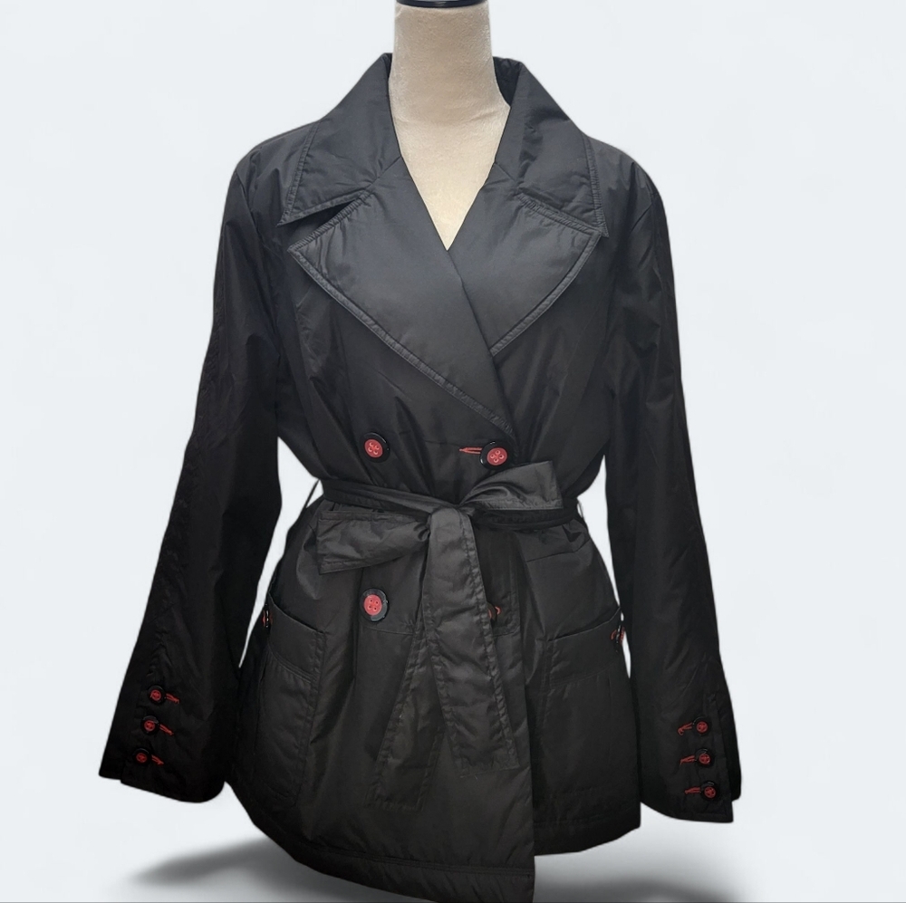 Cato Black Trench Jacket Coat With Red Buttons And Tie Waist Size XL